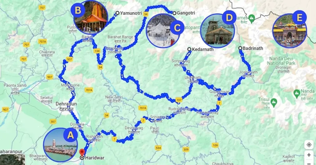 Route Map of Char Dham Yatra by road