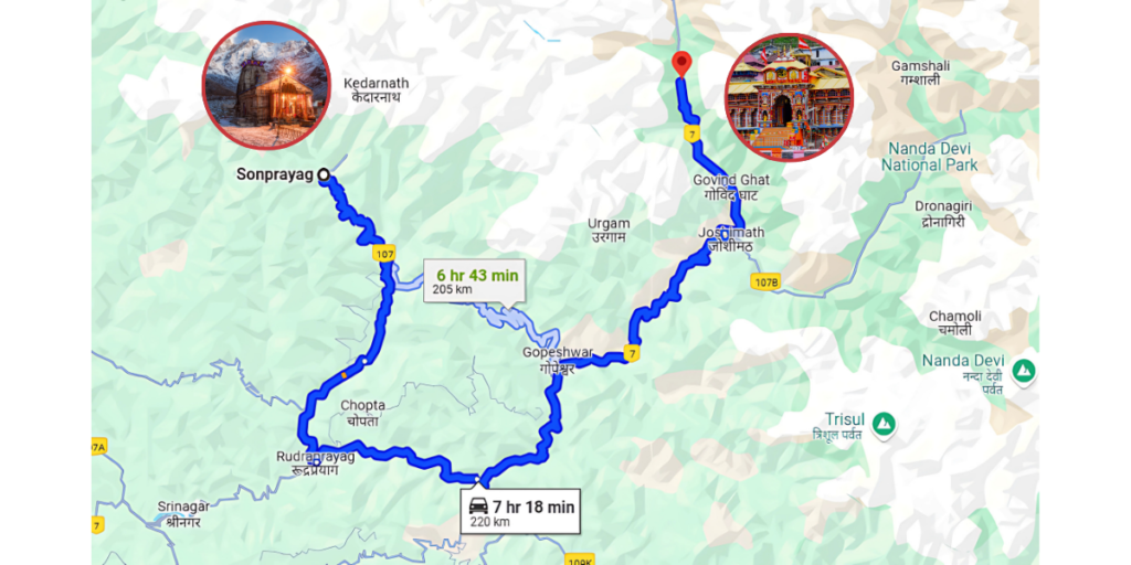 Kedarnath to Badrinath Distance