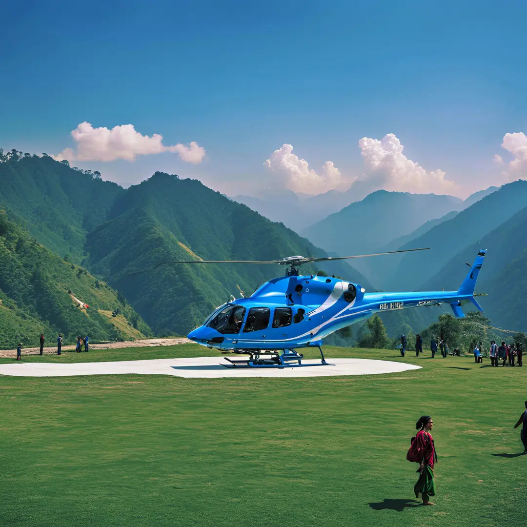 Helicopter in a green Himalayan valley