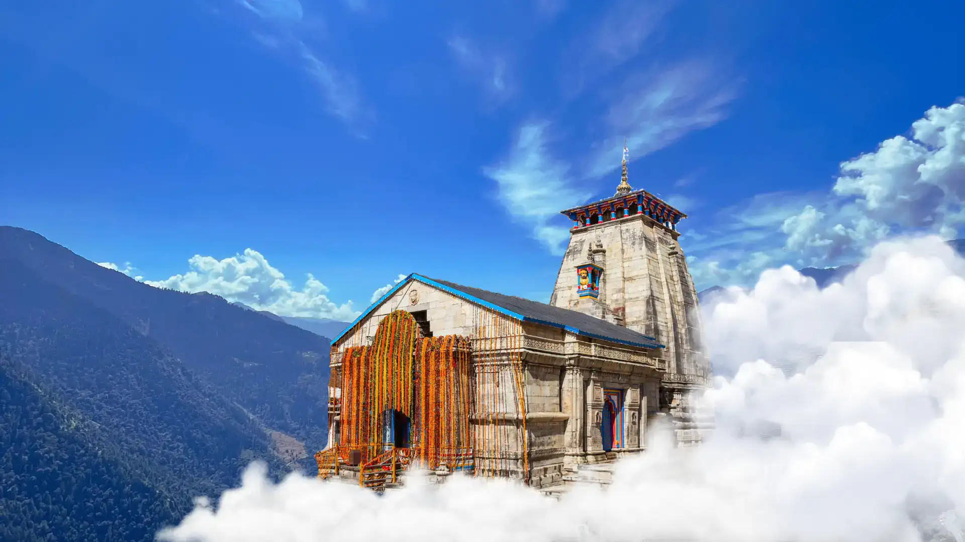 Kedarnath Temple beneath a blue sky