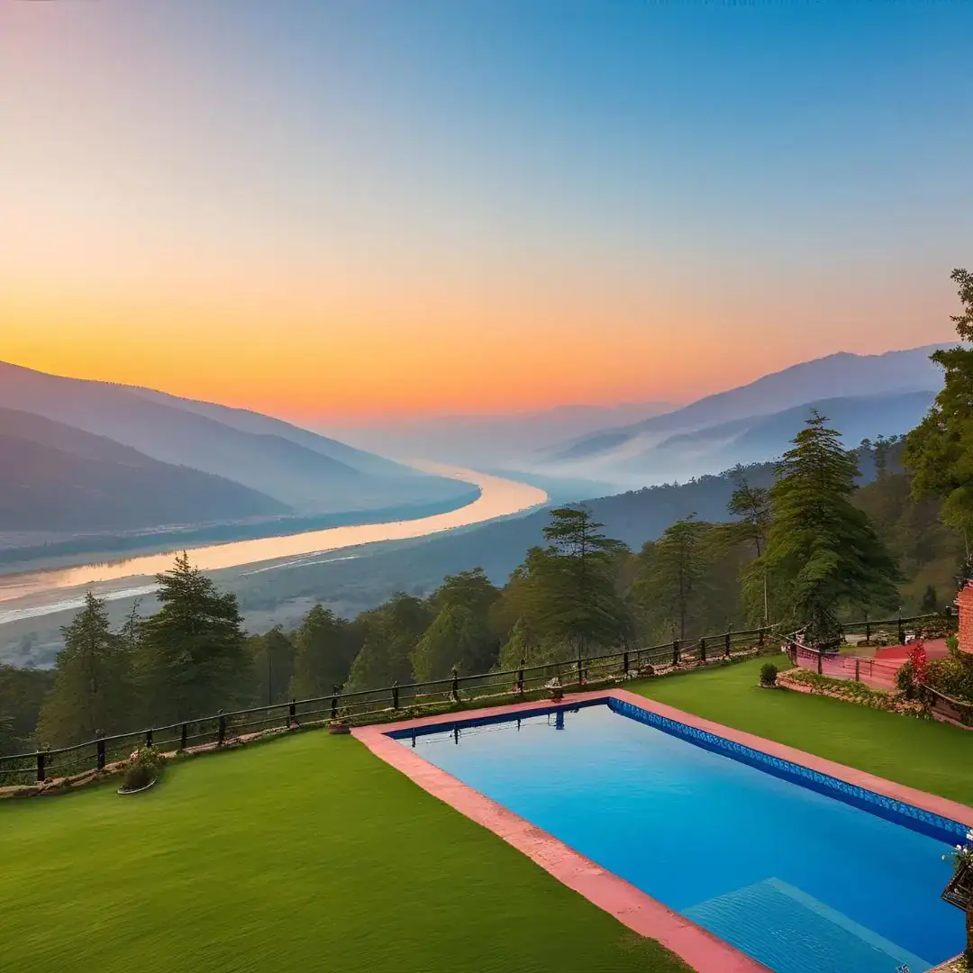 Himalayan river valley at sunset
