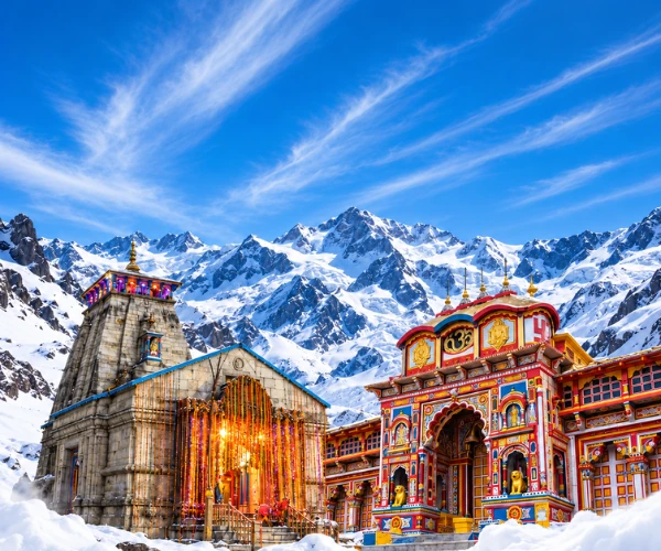 Kedarnath and Badrinath temples with a helicopter